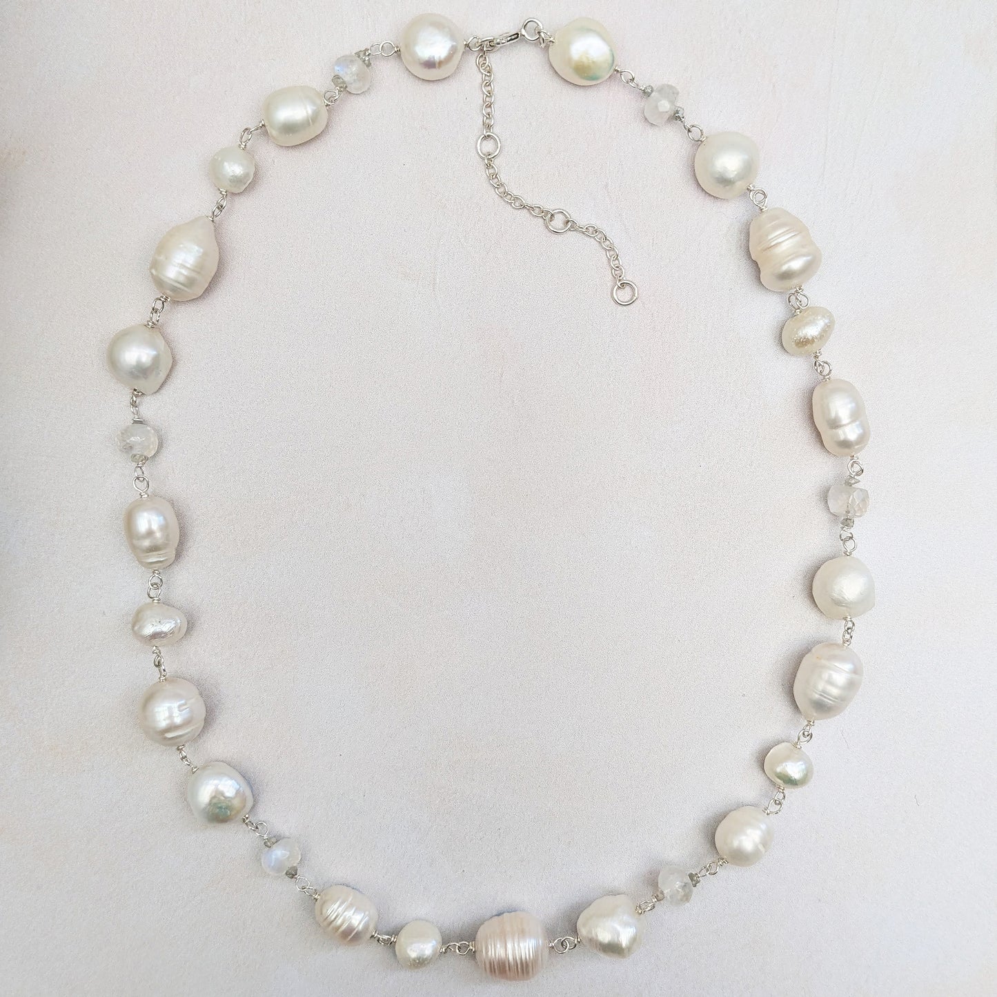 Statement pearl necklace with moonstone & rough diamond nuggets for brides designed & handmade by Susie Warner.