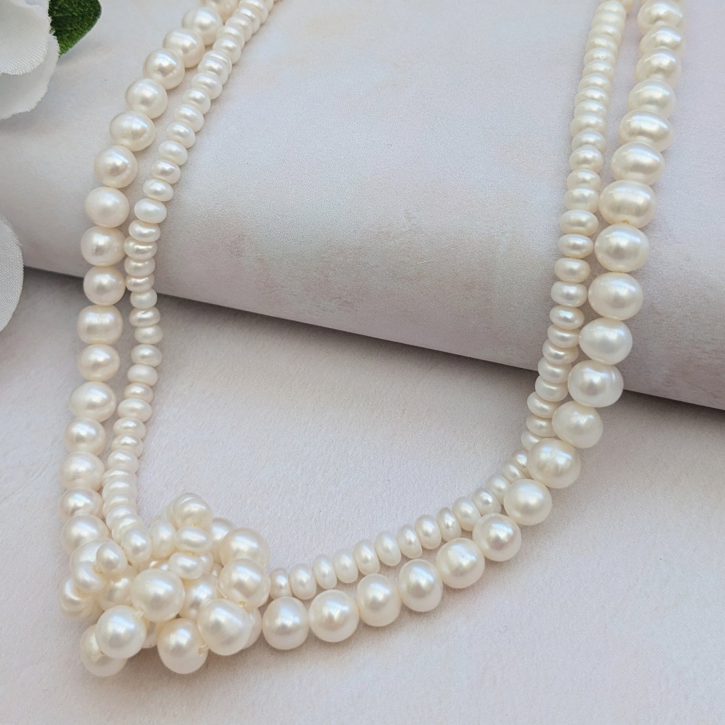 Statement freshwater pearl knot necklace for brides designed & handmade by Susie Warner.