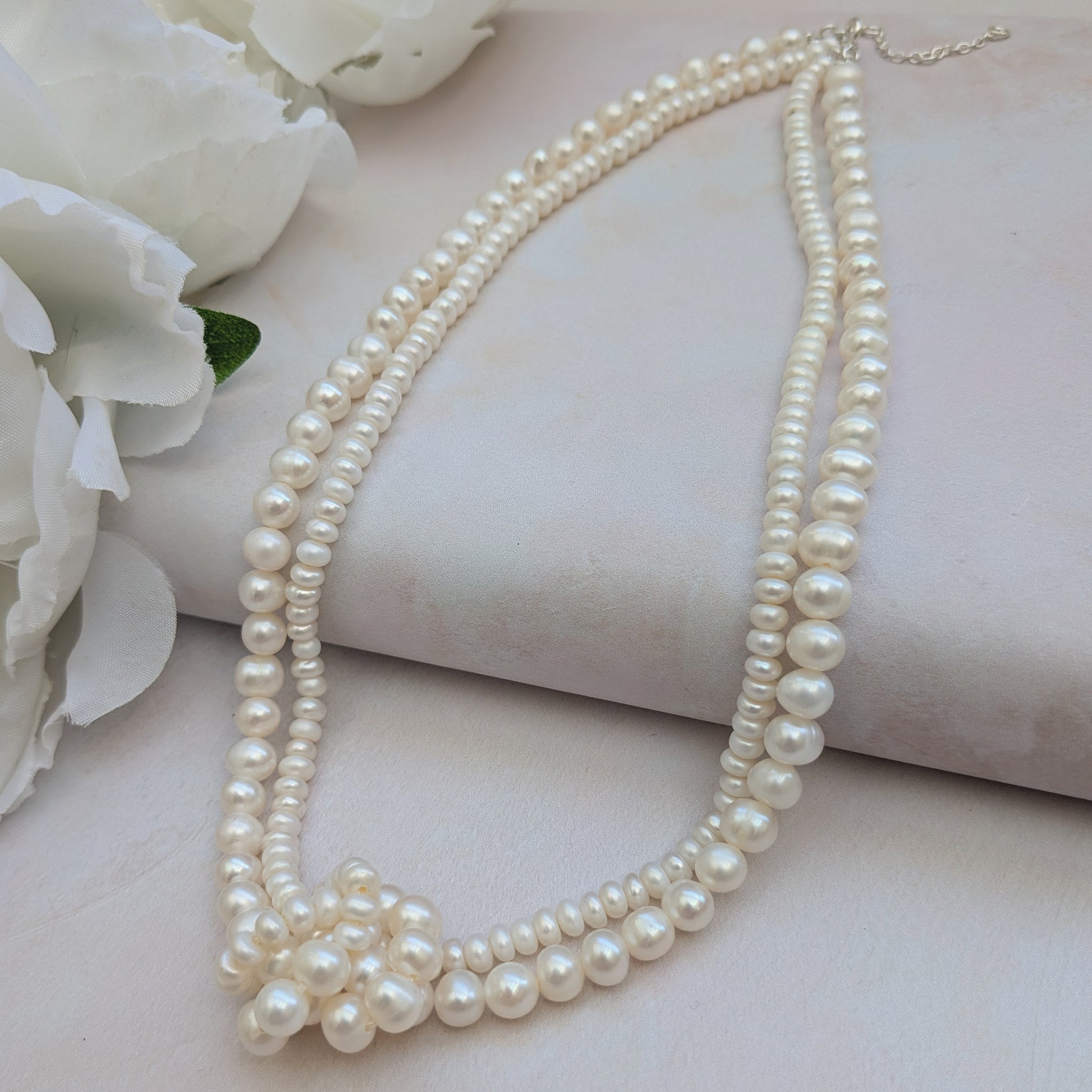 Statement double strand pearl knot necklace for brides designed & handmade by Susie Warner.