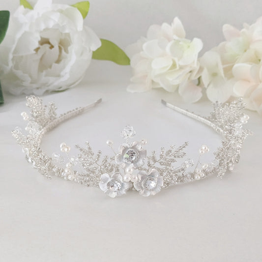 Diana White Flower & Beaded Leaf Tiara