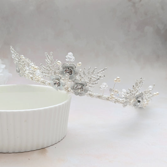 Statement floral tiara with hand beaded leaves for weddings  designed & handmade by Susie Warner.