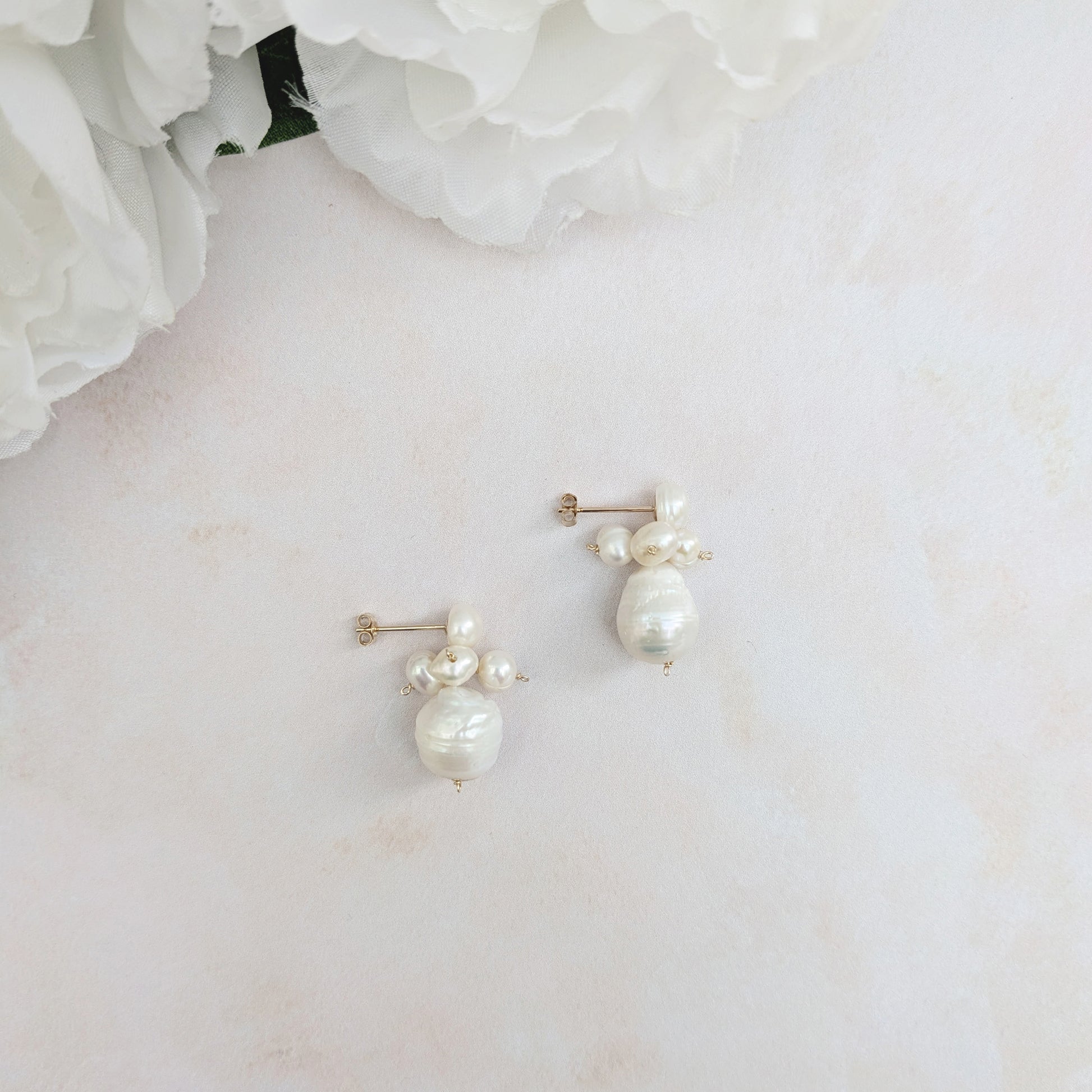 Baroque pearl cluster drop earrings for brides designed & handmade by Susie Warner.