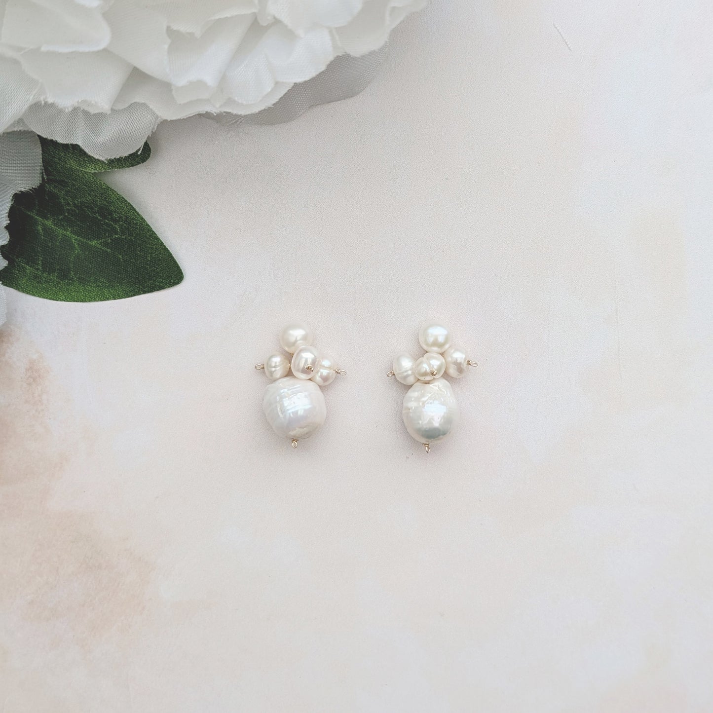 Small pearl cluster stud earrings with baroque pearl drops for brides designed & handmade by Susie Warner.