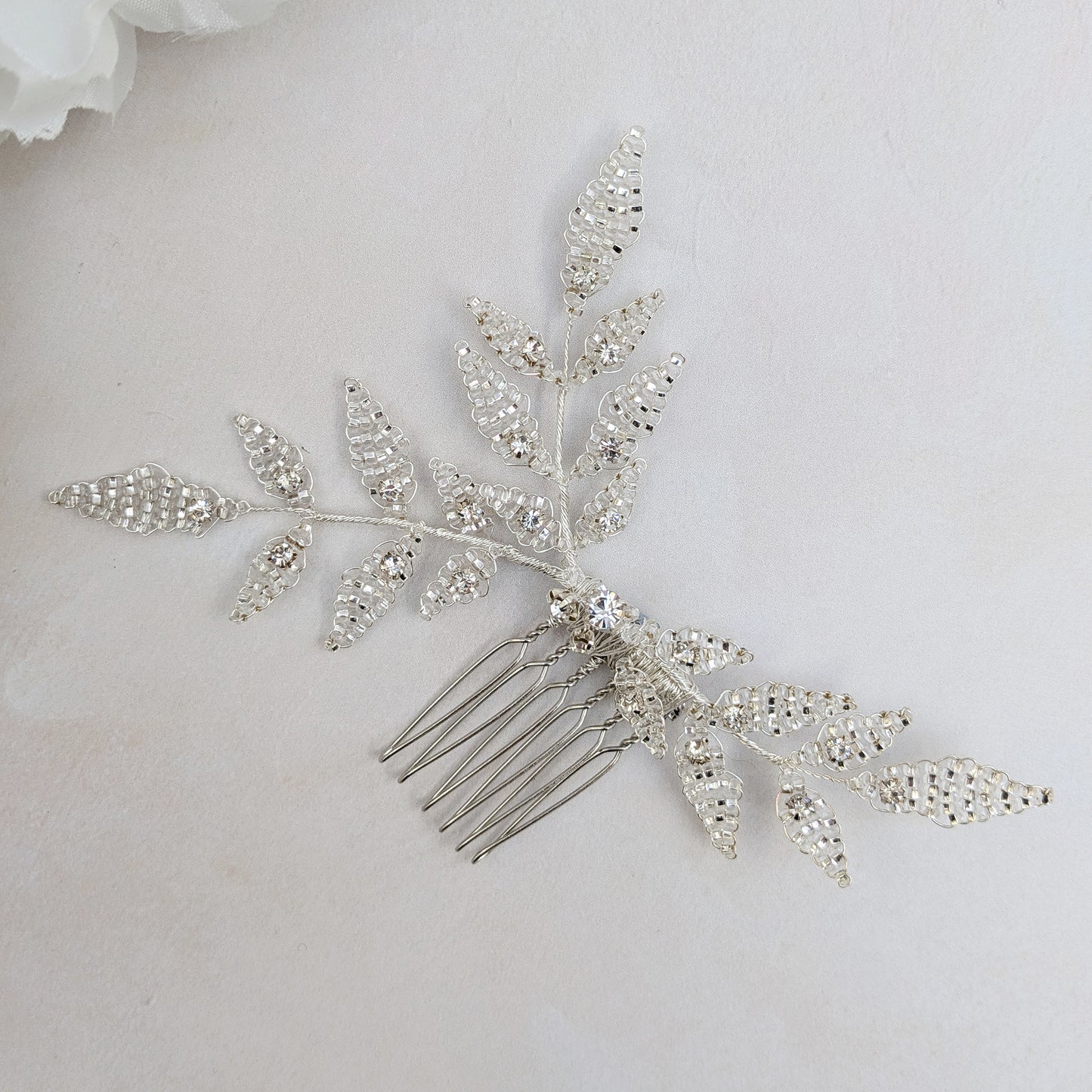 Hand beaded hair comb with beaded leaves for brides designed & handmade by Susie Warner.