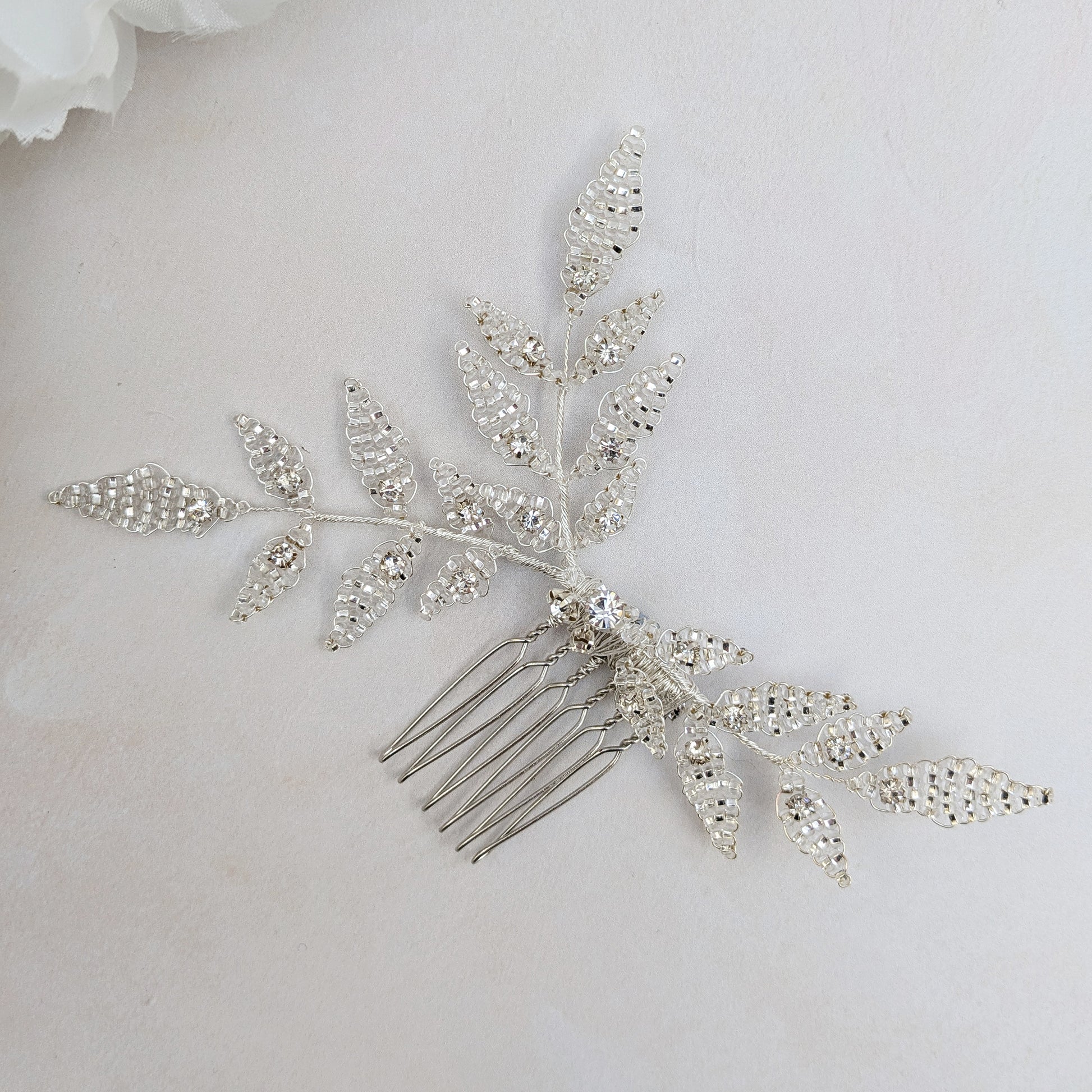 Hand beaded hair comb with beaded leaves for brides designed & handmade by Susie Warner.