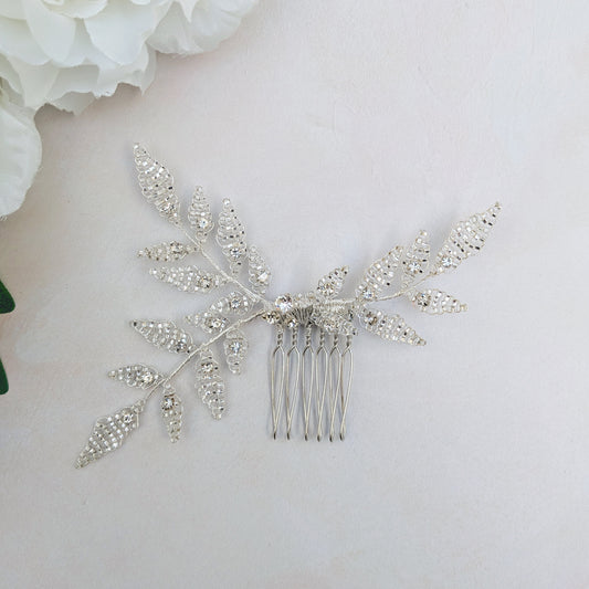 Silver leaf nature inspired bridal hair comb designed & handmade by Susie Warner.