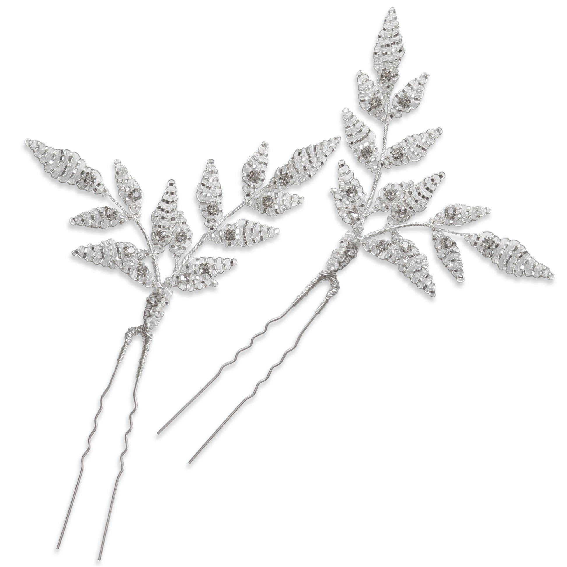 Nature inspired silver leaf hair pins for modern botanical brides designed & handmade by Susie Warner.