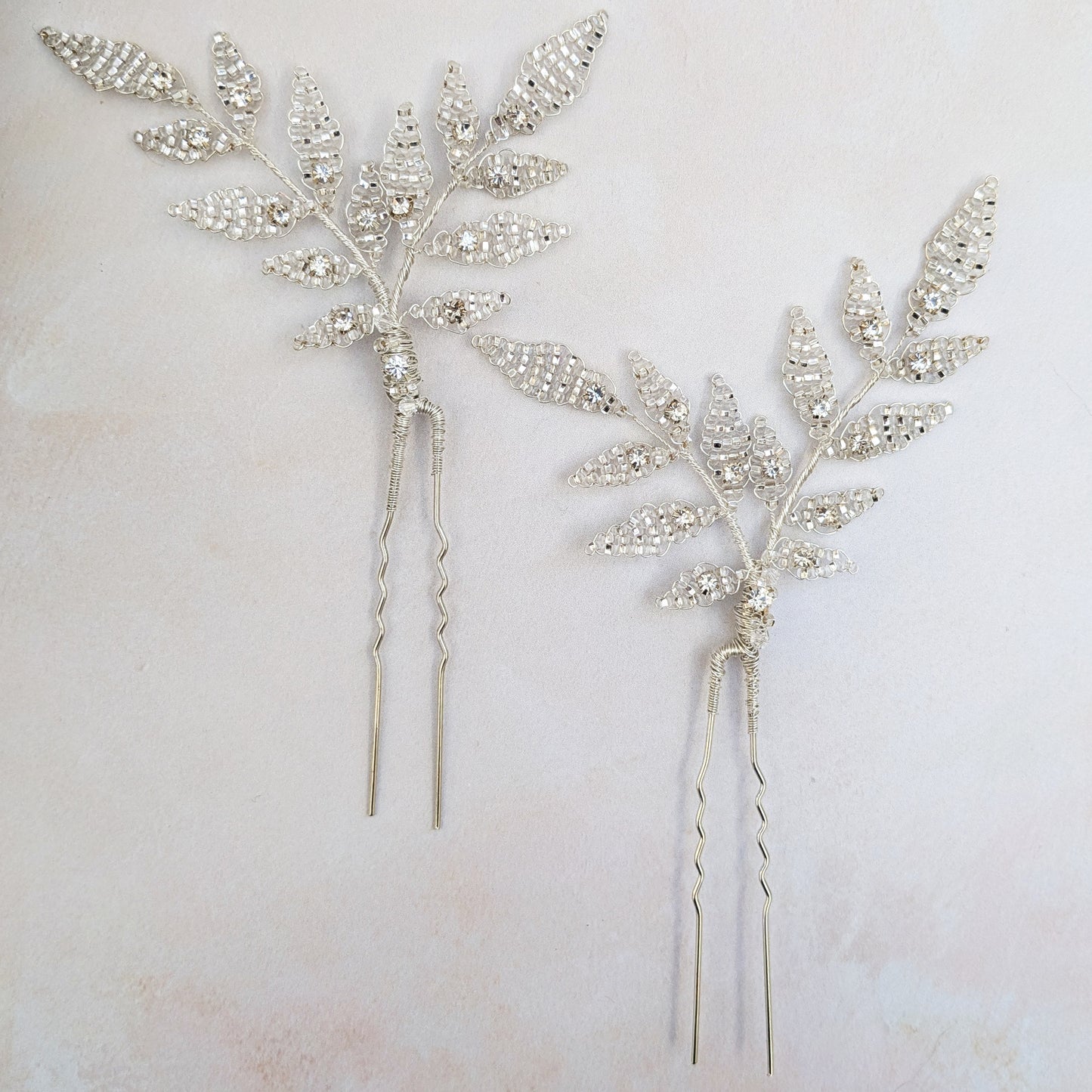Nature inspired silver leaf hair pins for modern brides designed & handmade by Susie Warner.