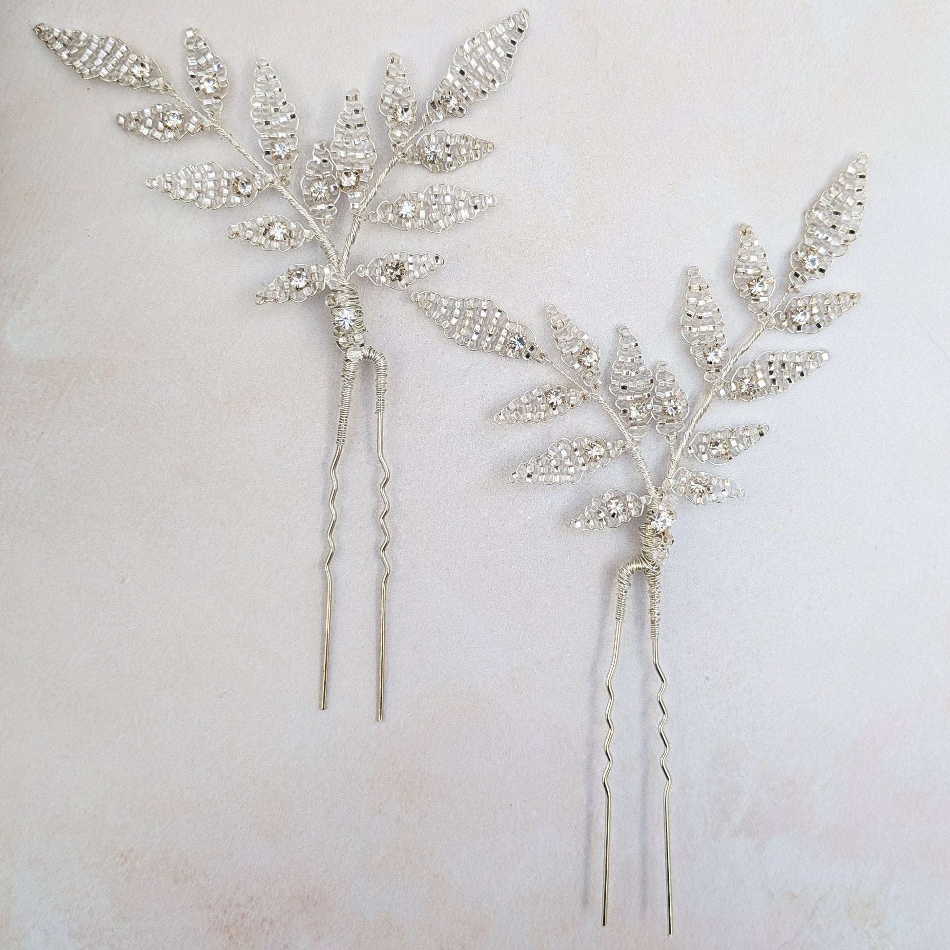 Nature inspired silver leaf hair pins for modern brides designed & handmade by Susie Warner.