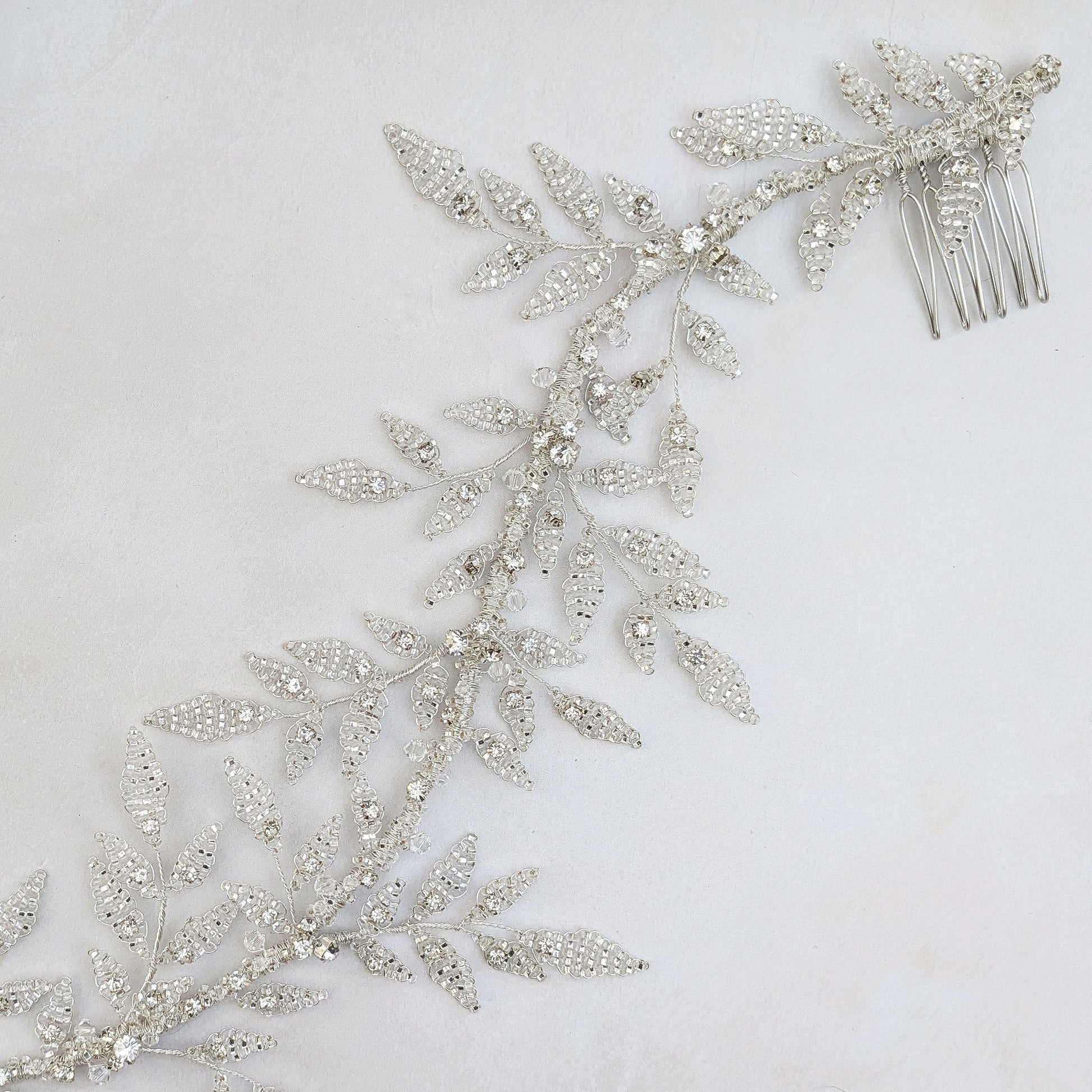 Botanical silver leaf headpiece for modern brides designed & handmade by Susie Warner.
