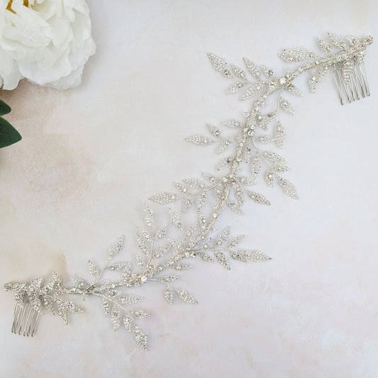Nature inspired silver leaf hair vine headpiece for modern brides designed & handmade by Susie Warner.