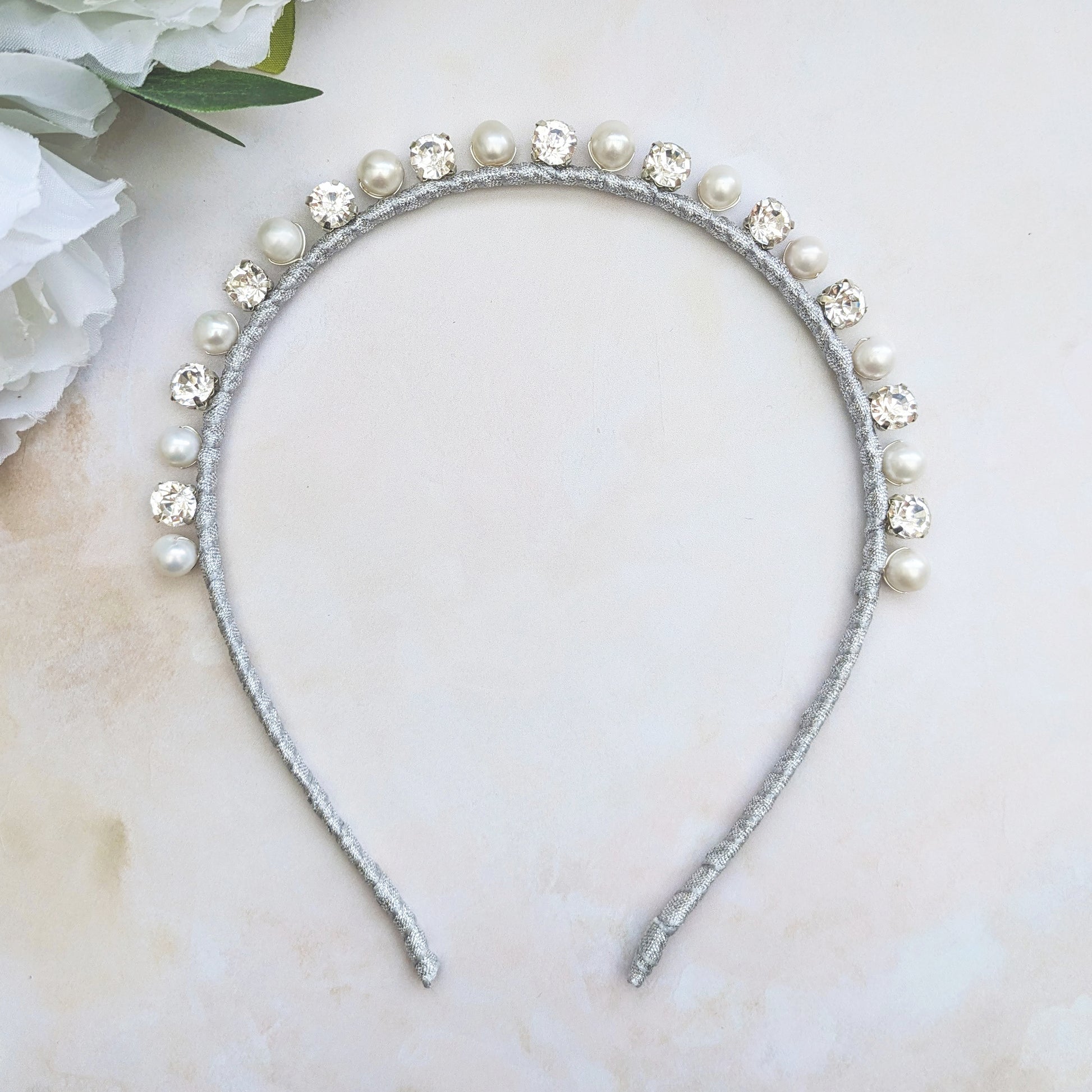 Statement pearl & crystal headband for weddings designed & handmade by Susie Warner.