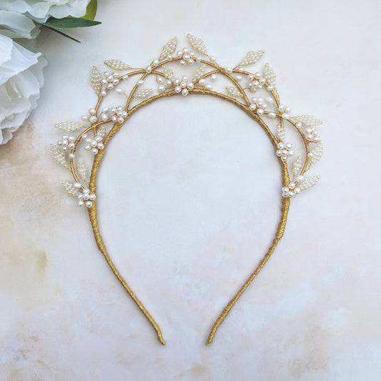 Statement modern nature inspired pearl flower bridal crown designed & handmade by Susie Warner.