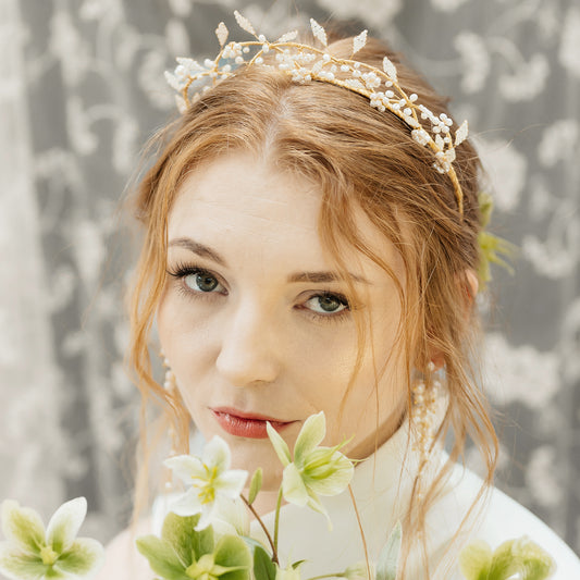 Amber Gallagher wearing statement pearl floral bridal crown designed & handmade by Susie Warner.
