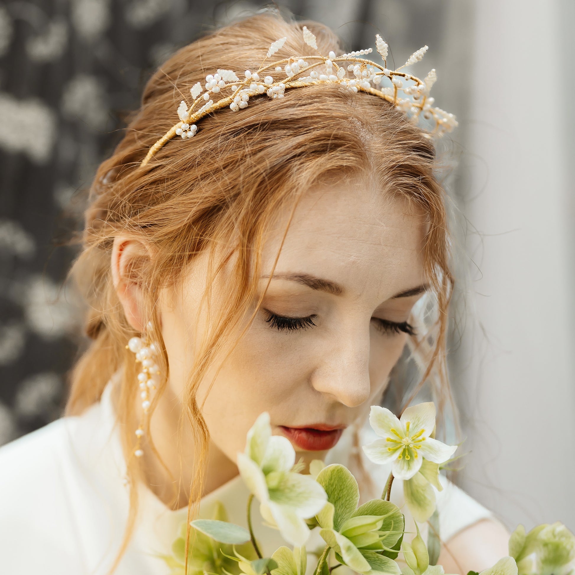Amber Gallagher wearing gold pearl floral bridal hair accessories  designed & handmade by Susie Warner.
