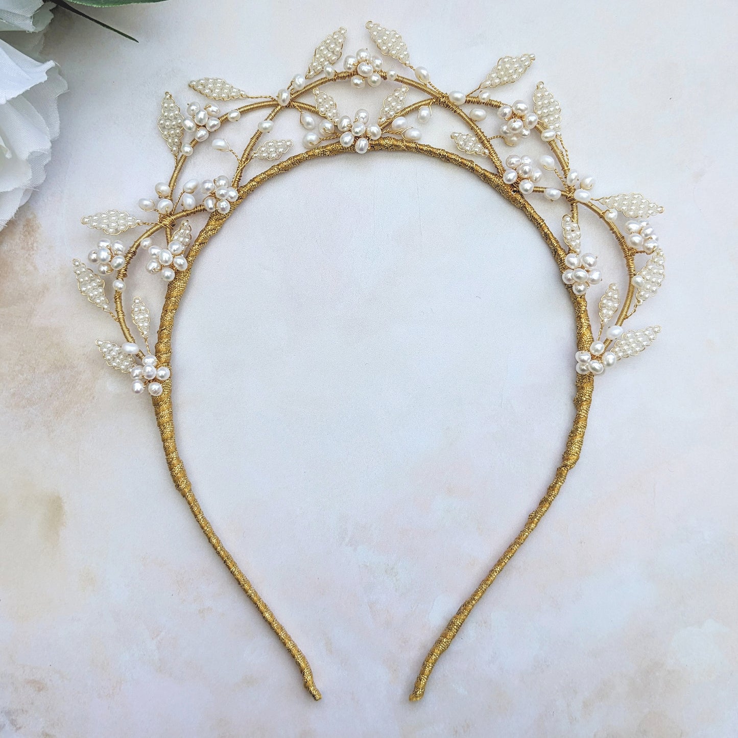 Statement modern pearl floral bridal crown tiara designed & handmade by Susie Warner.