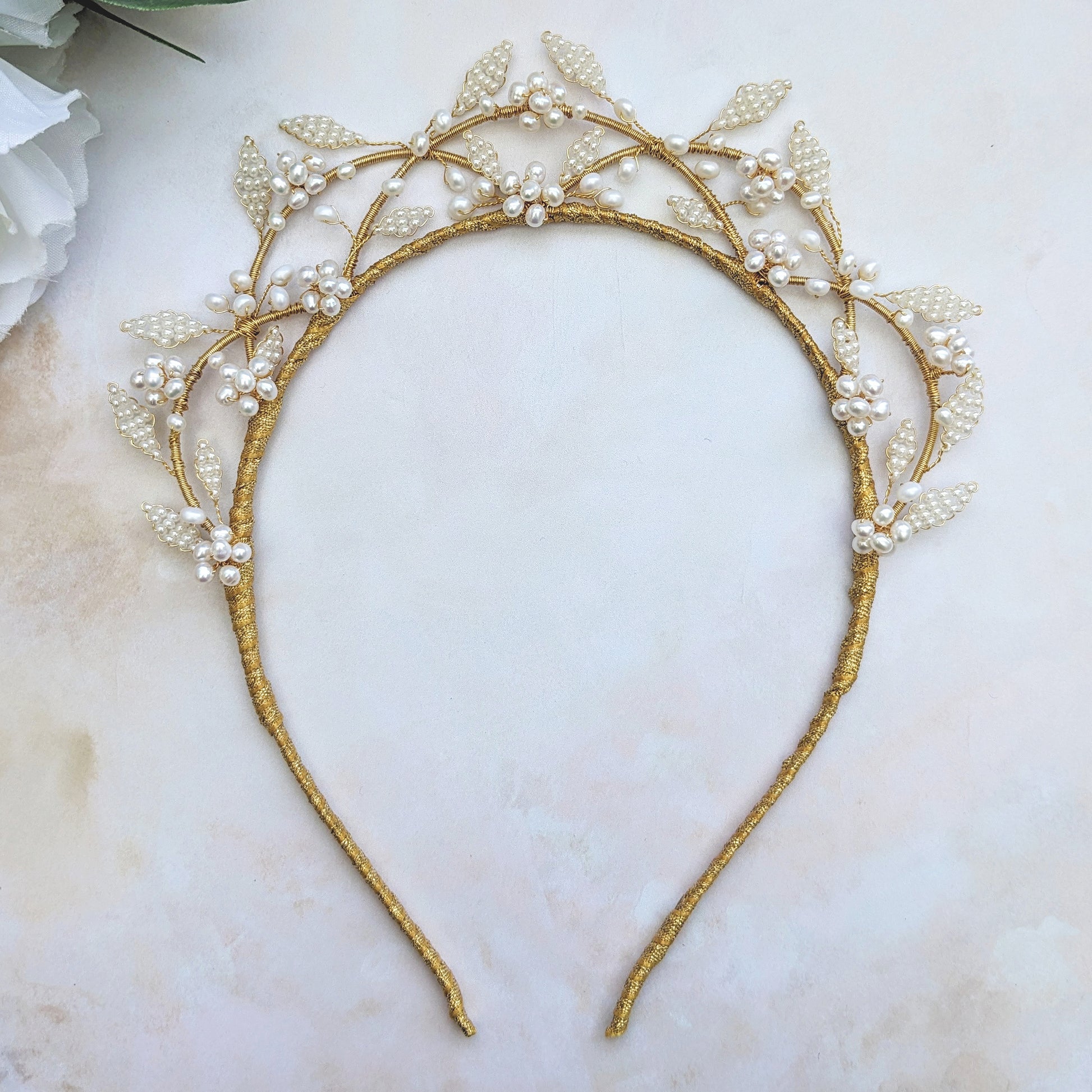 Statement modern pearl floral bridal crown tiara designed & handmade by Susie Warner.