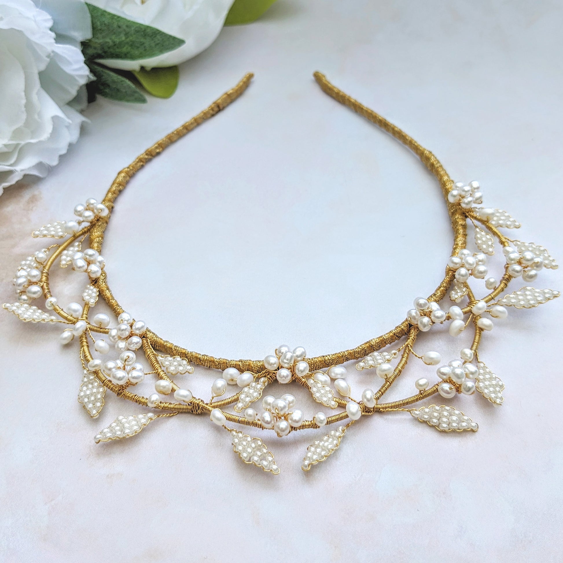 Statement nature inspired pearl floral tiara designed & handmade by Susie Warner.