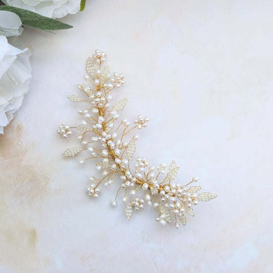 Statement pearl floral bridal headpiece designed & handmade by Susie Warner.