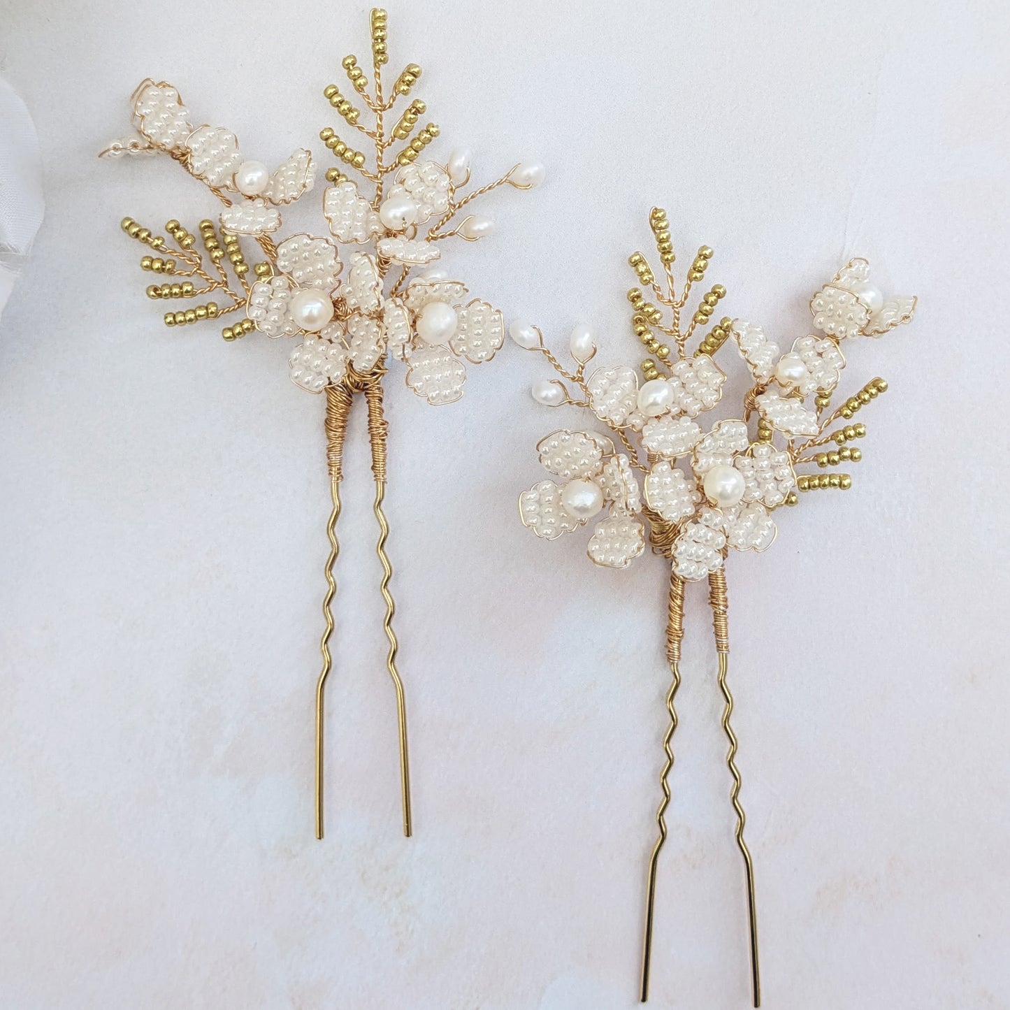 Nature inspired floral pearl hair pins for botanical brides designed & handmade by Susie Warner.