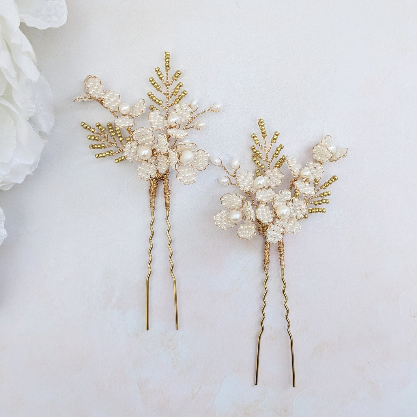 Nature inspired floral pearl hair pins for brides designed & handmade by Susie Warner.