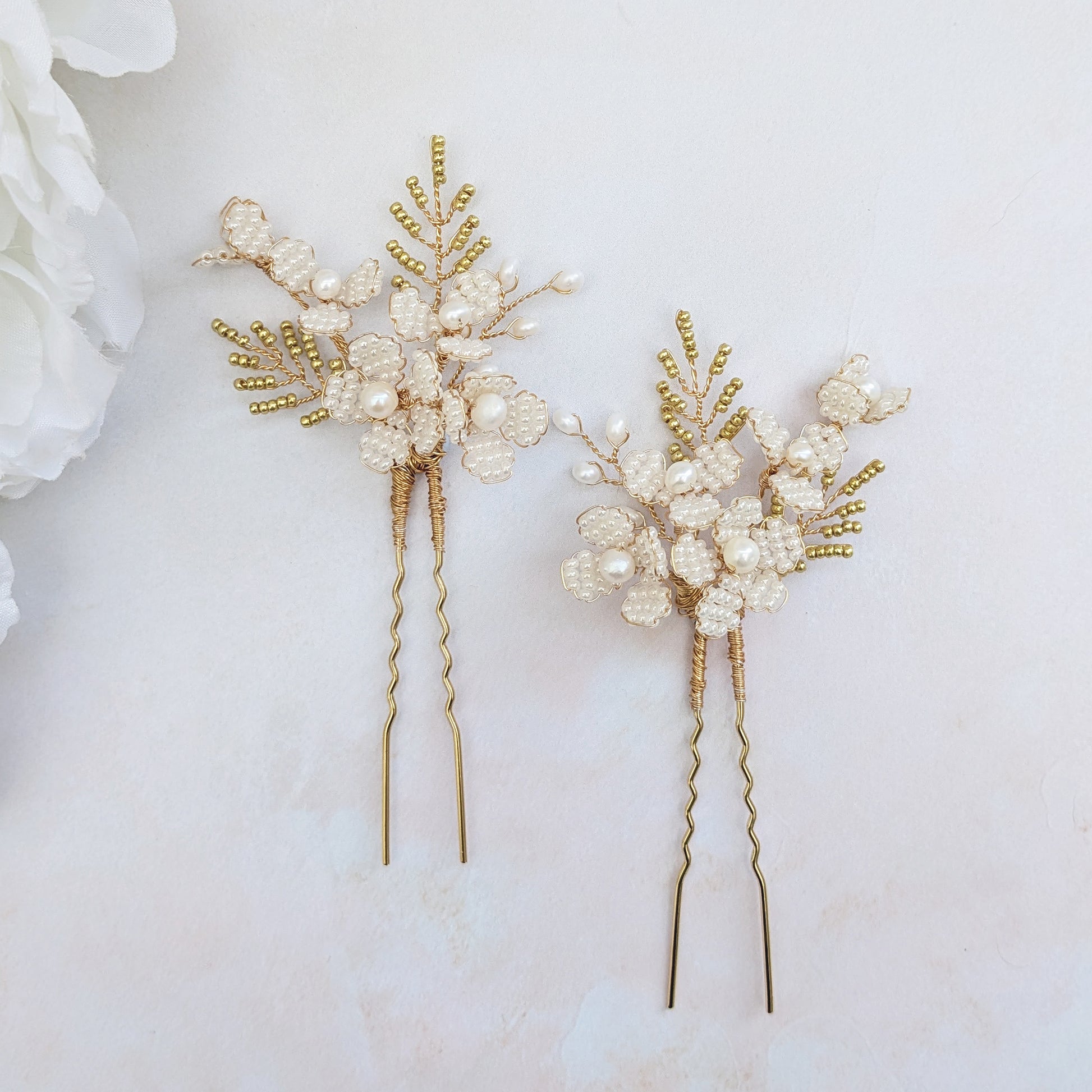 Nature inspired floral pearl hair pins for brides designed & handmade by Susie Warner.