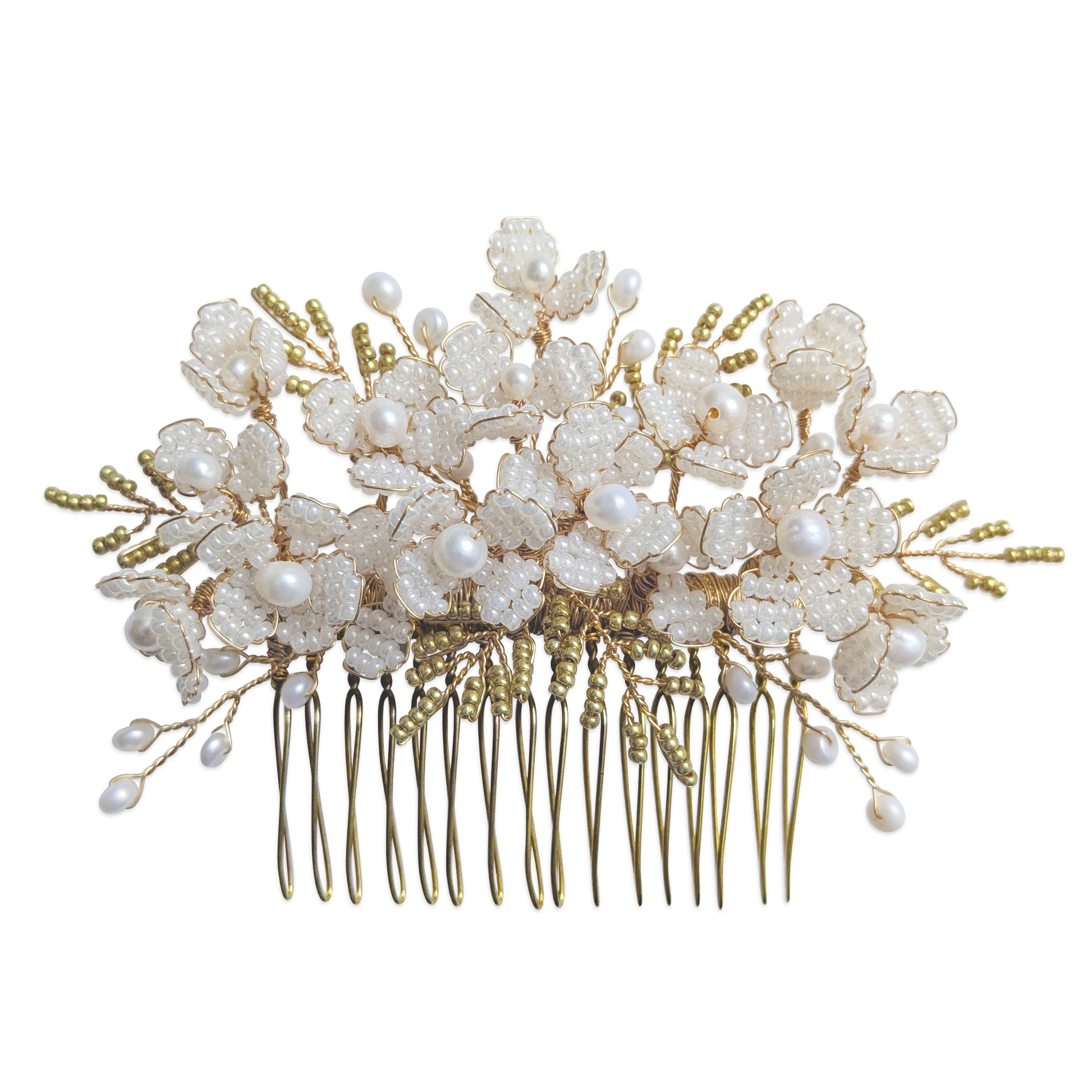 Botanical pearl floral hair comb headpiece for brides designed & handmade by Susie Warner.