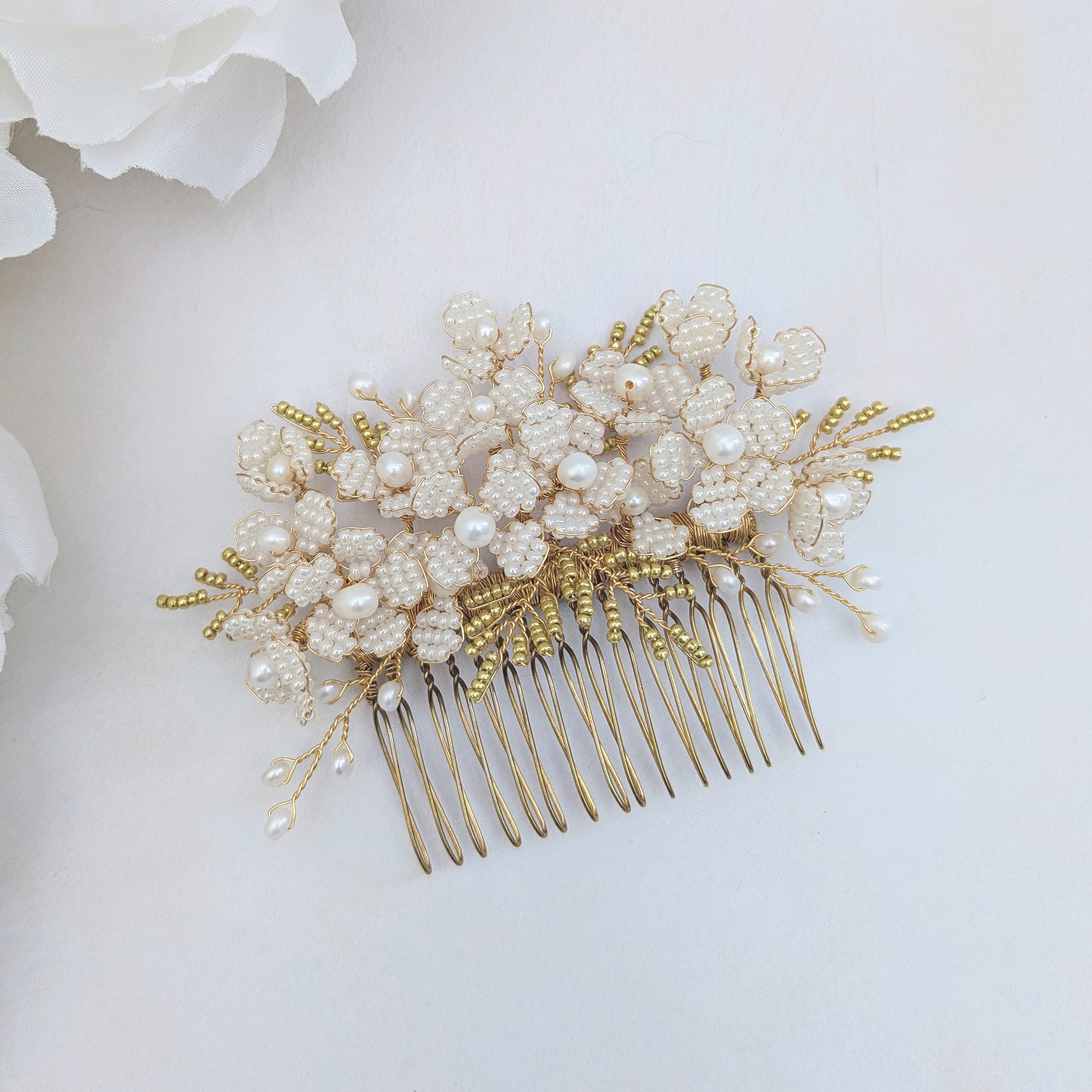 Botanical pearl floral headpiece for nature loving brides designed & handmade by Susie Warner.