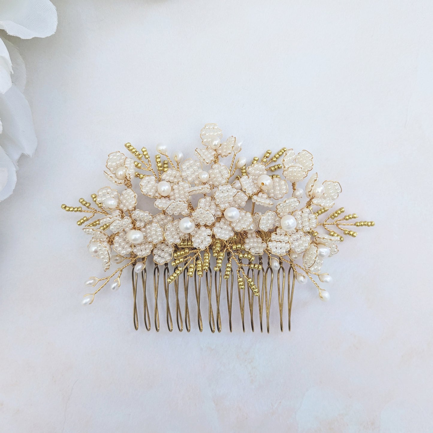 Nature inspired pearl floral headpiece for brides designed & handmade by Susie Warner.
