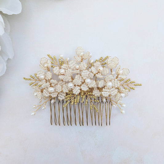 Nature inspired pearl floral headpiece for brides designed & handmade by Susie Warner.