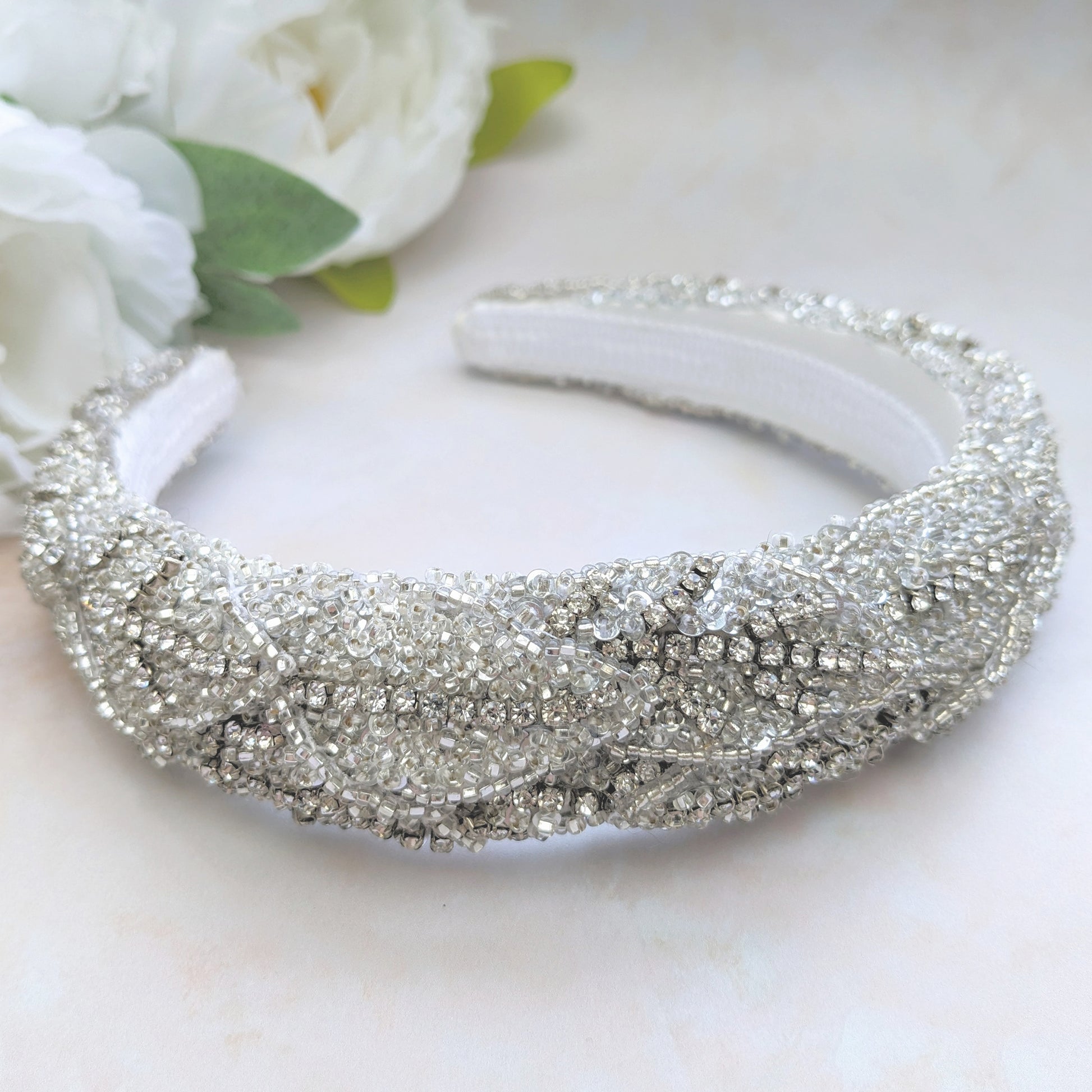 Statement modern crystal padded headband for weddings designed & handmade by Susie Warner.