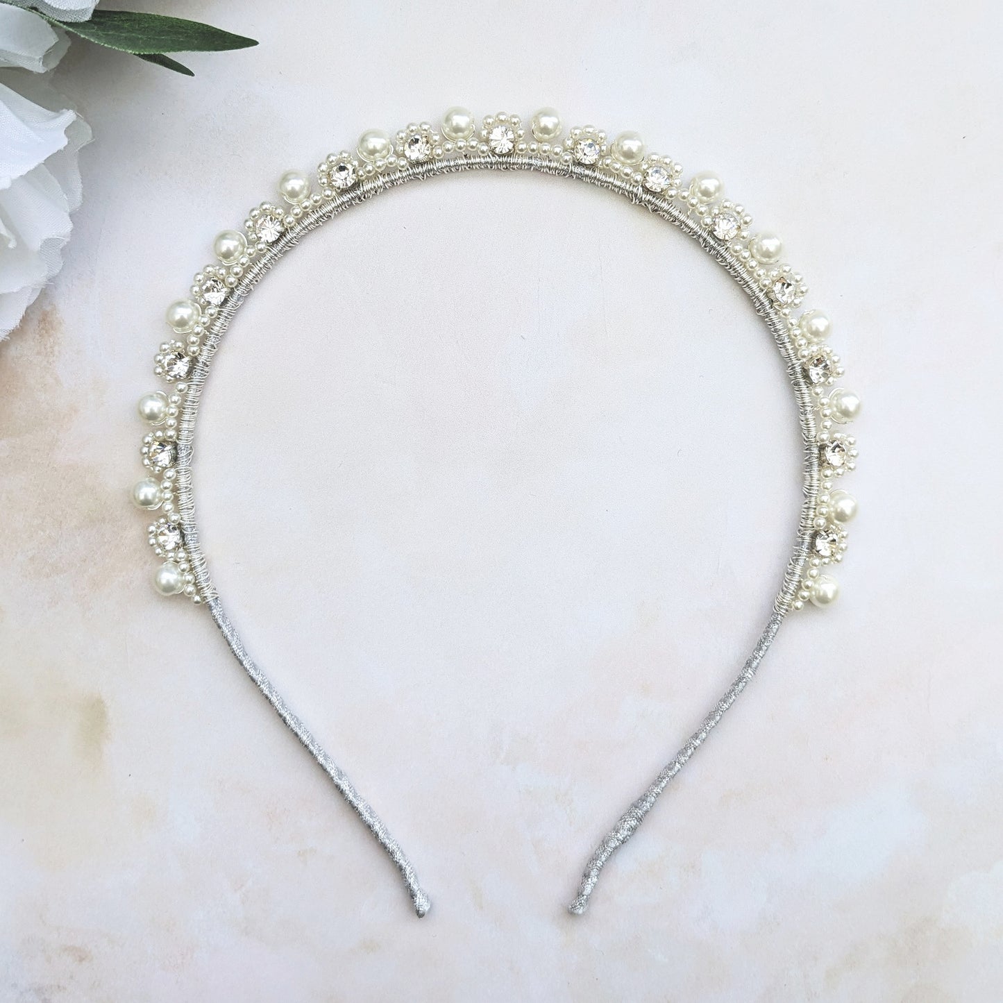 Pearl & crystal headband for weddings designed & handmade by Susie Warner.