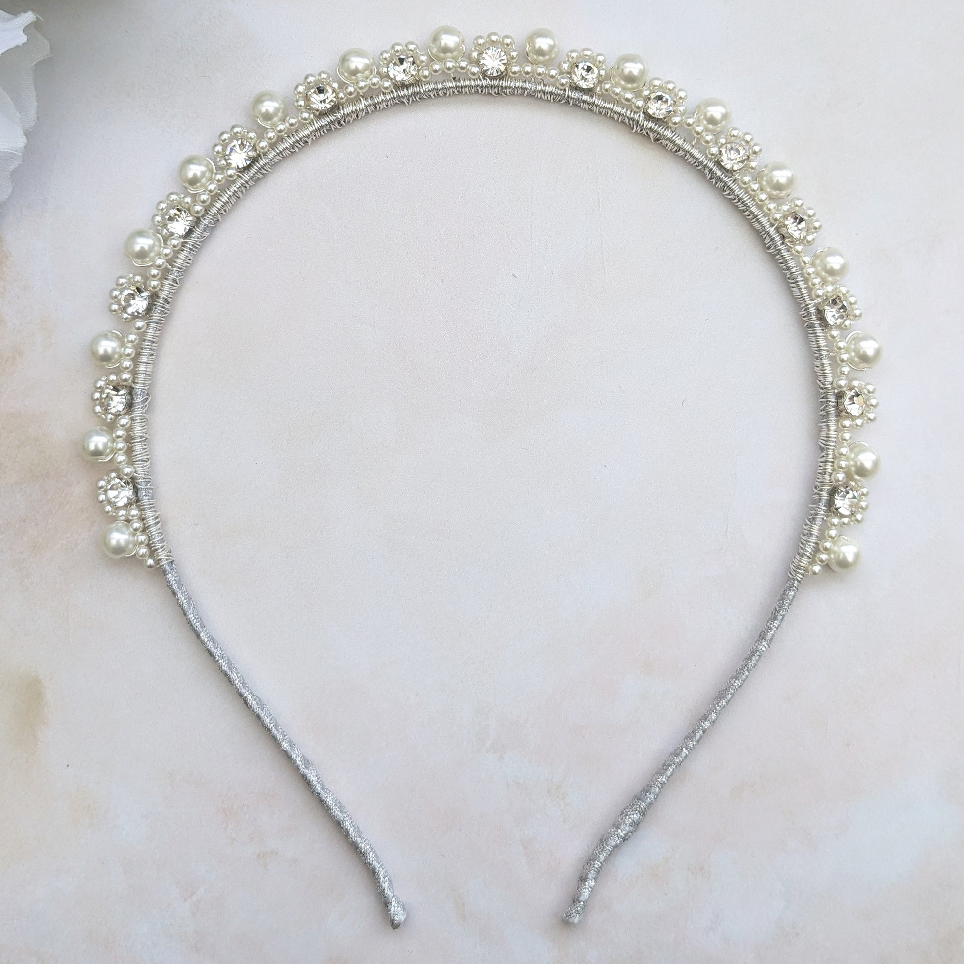 Vintage pearl & crystal bridal headband designed & handmade by Susie Warner.