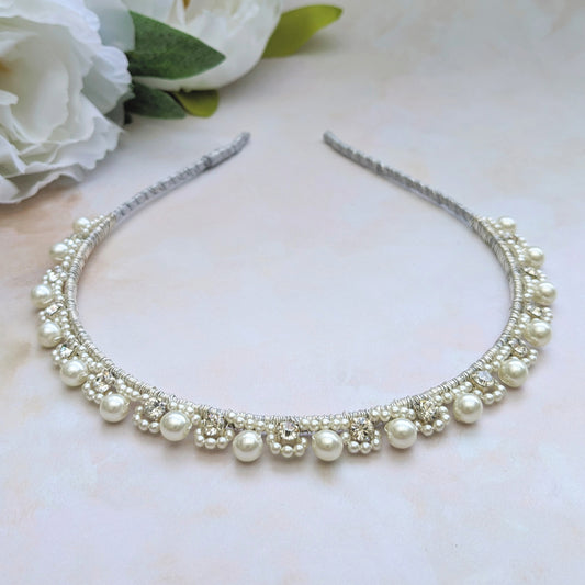 Vintage pearl & crystal wedding headband designed & handmade by Susie Warner.