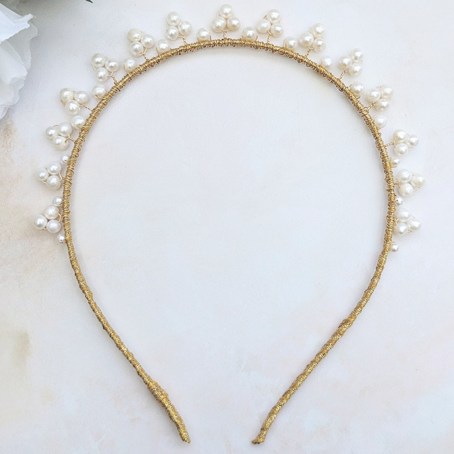 Statement modern freshwater pearl celestial wedding headband for brides designed & handmade by Susie Warner.