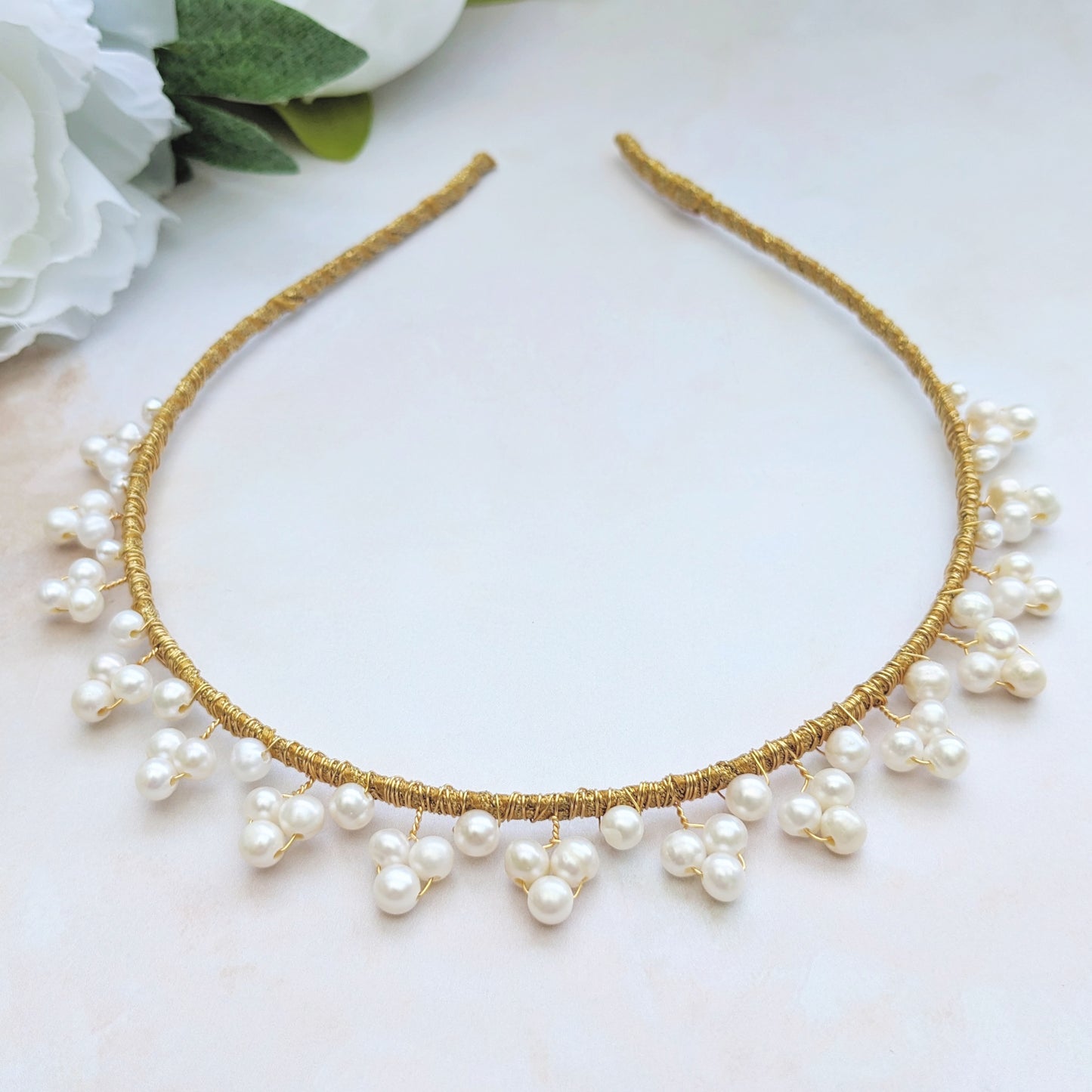 Statement modern pearl wedding headband for brides designed & handmade by Susie Warner.