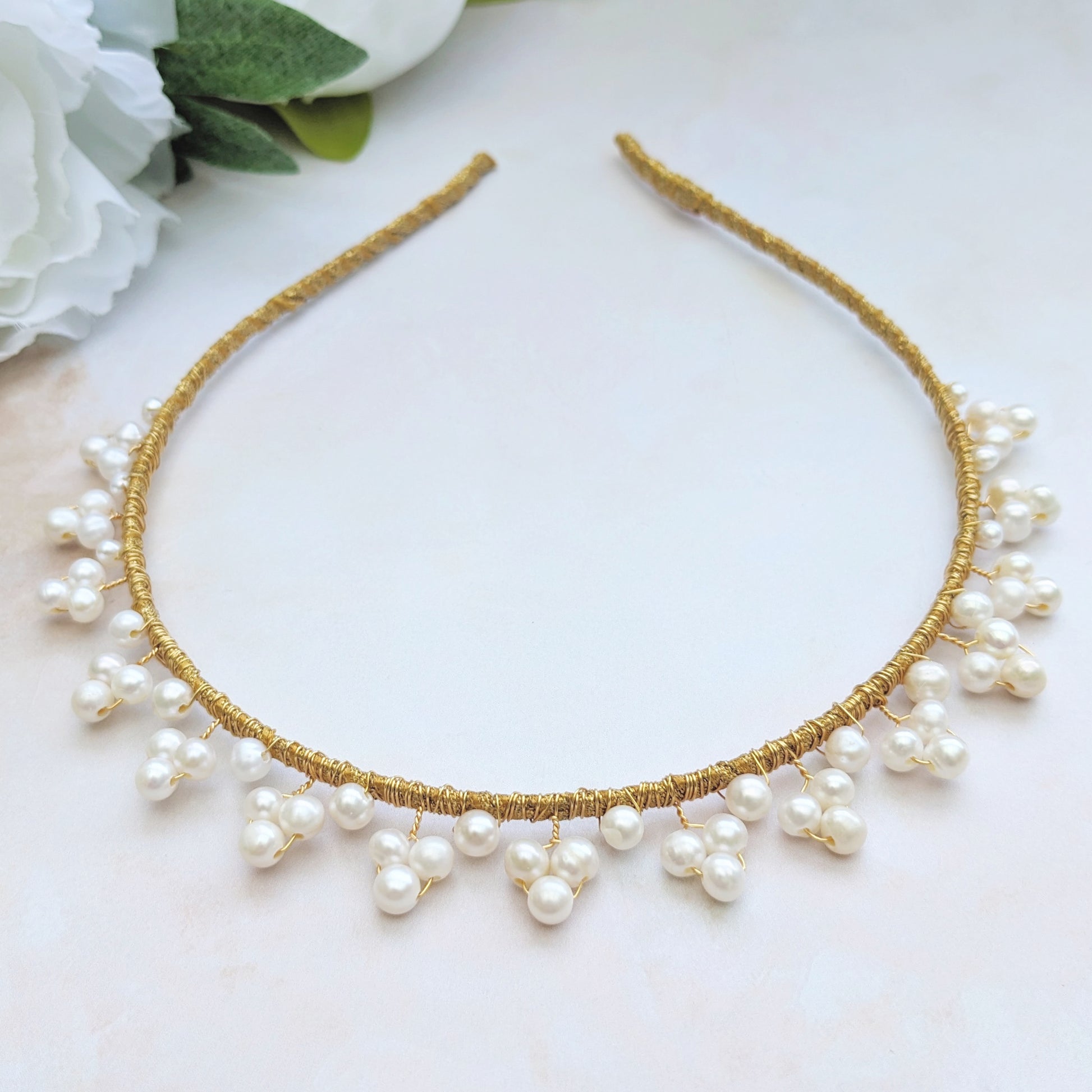 Statement modern pearl wedding headband for brides designed & handmade by Susie Warner.