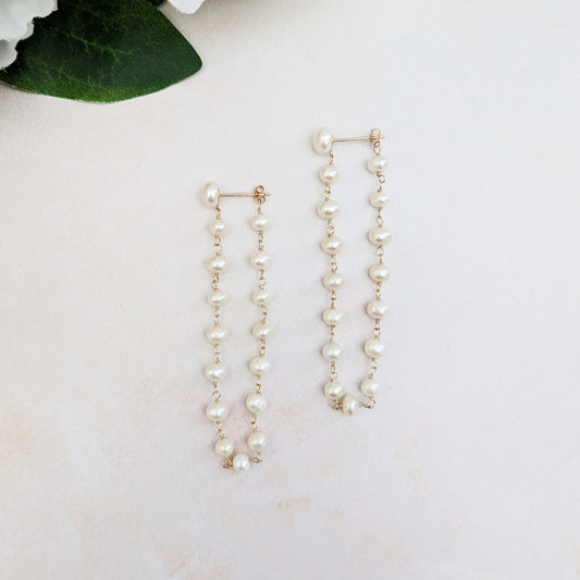 Statement pearl chain drop earrings for brides designed & handmade by Susie Warner.