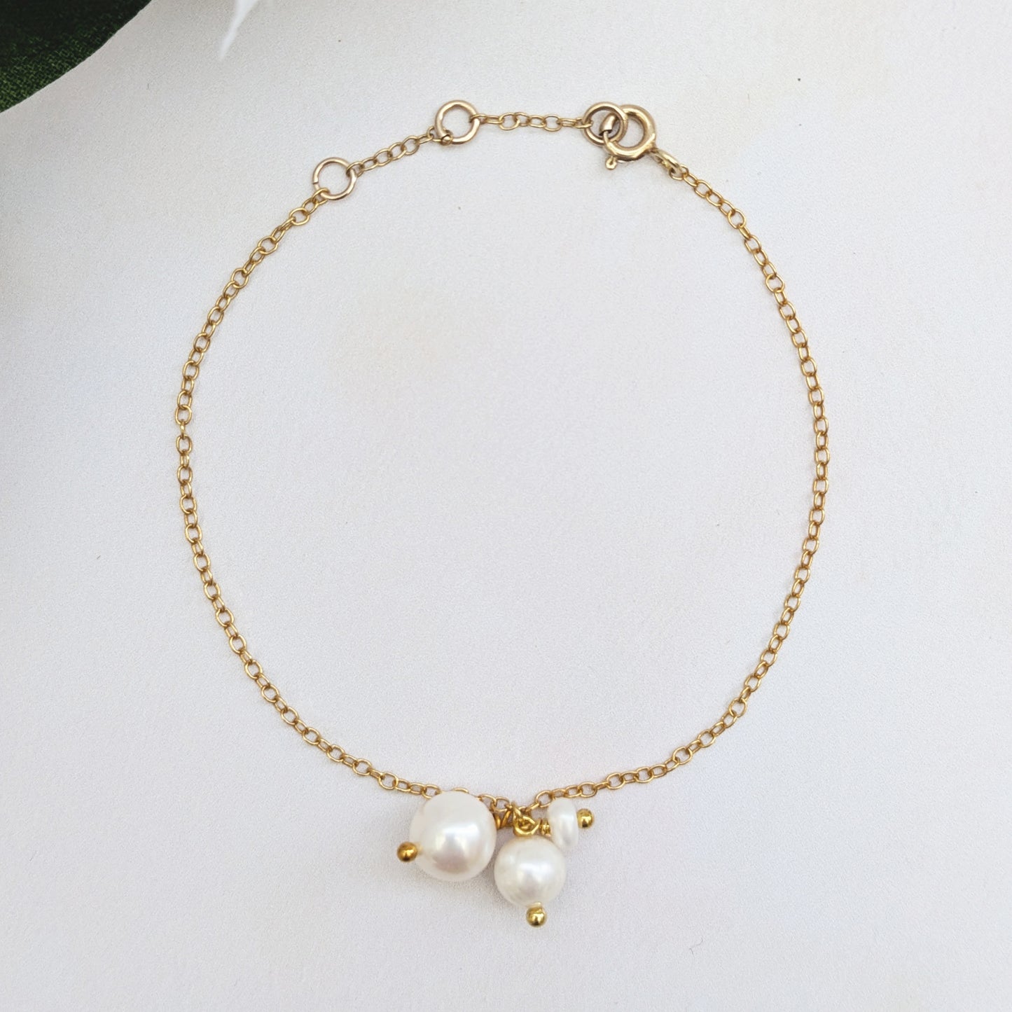 Gold pearl cluster bracelet for brides & bridesmaids designed & handmade by Susie Warner.