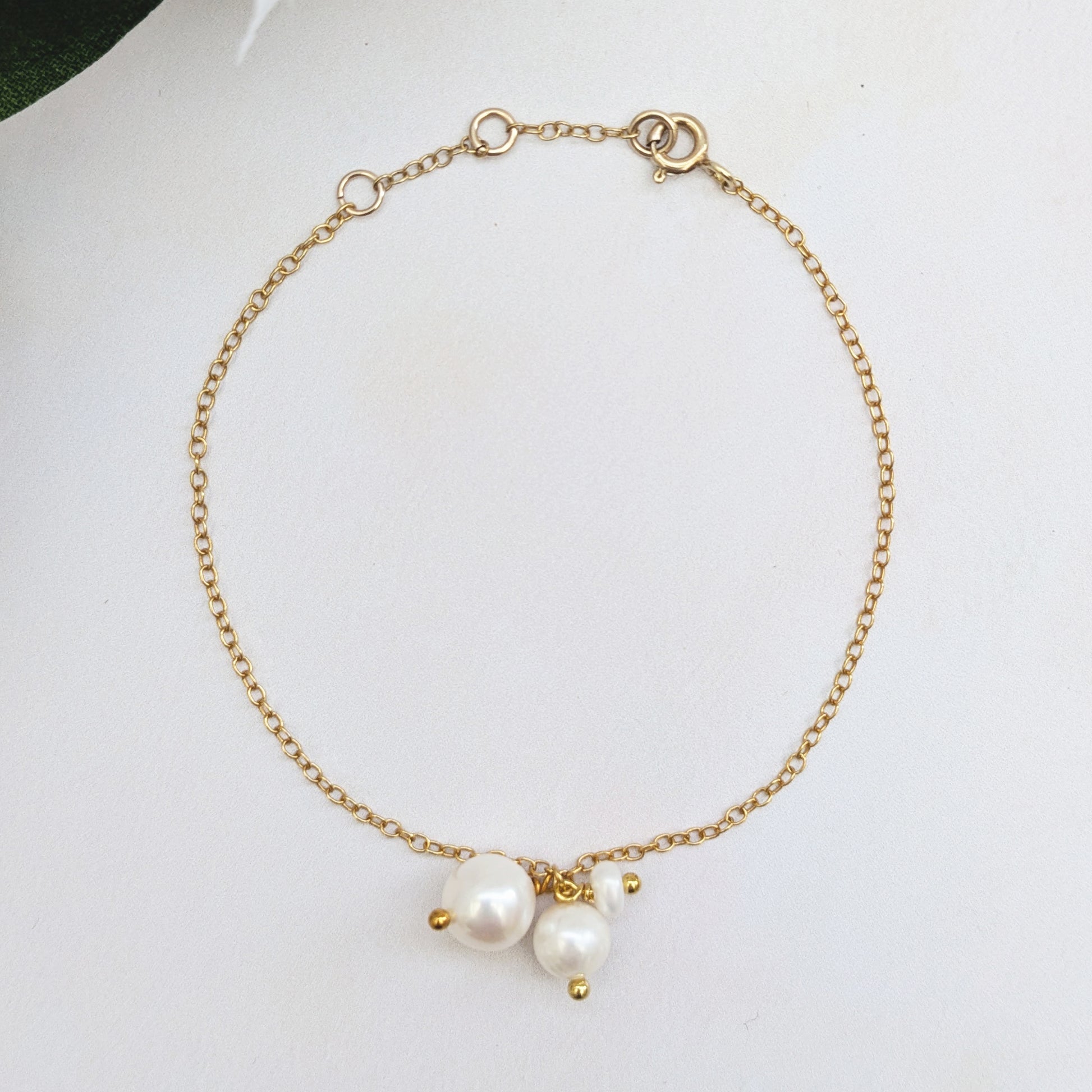 Gold pearl cluster bracelet for brides & bridesmaids designed & handmade by Susie Warner.