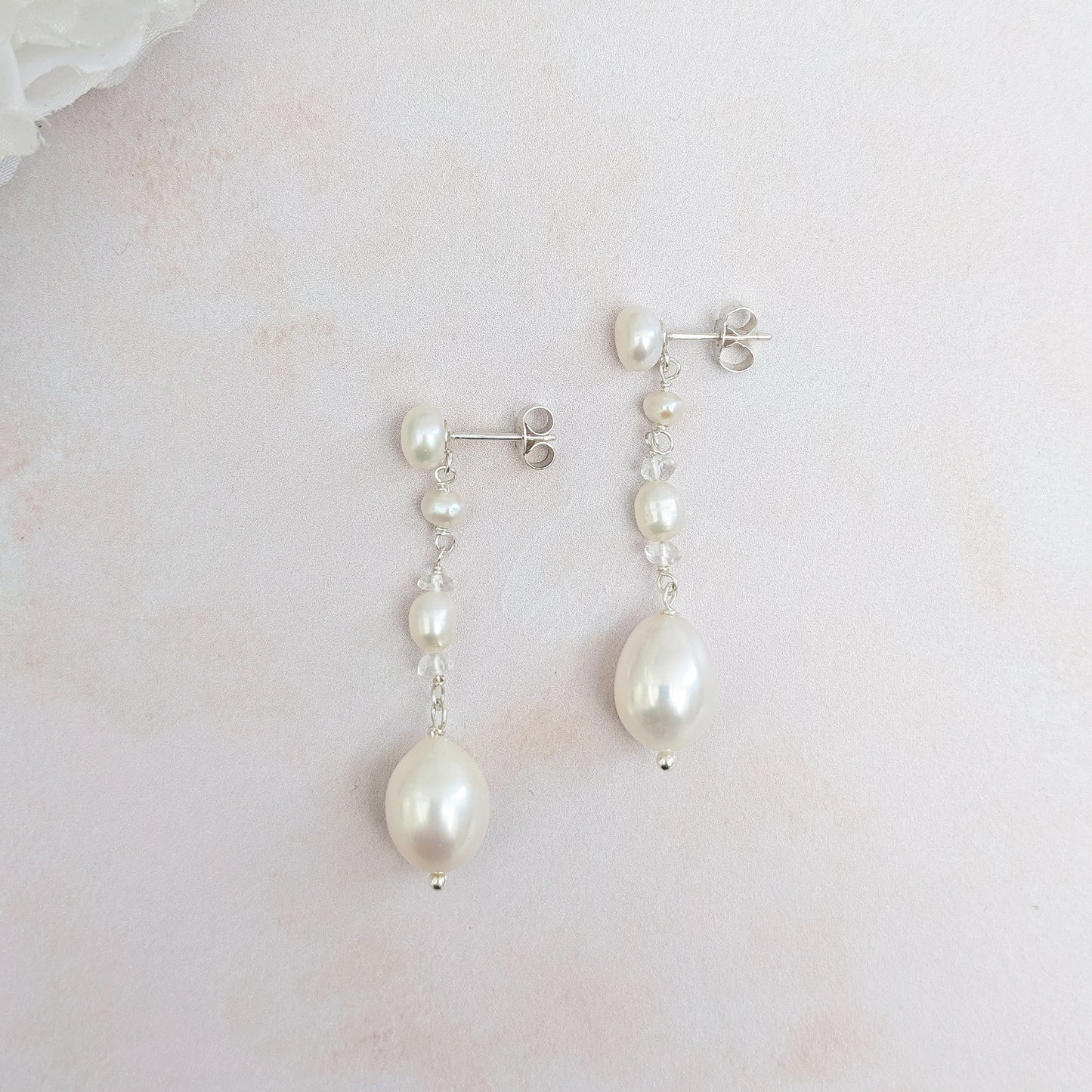 Pearl stud drop earrings with white topaz for brides designed & handmade by Susie Warner.
