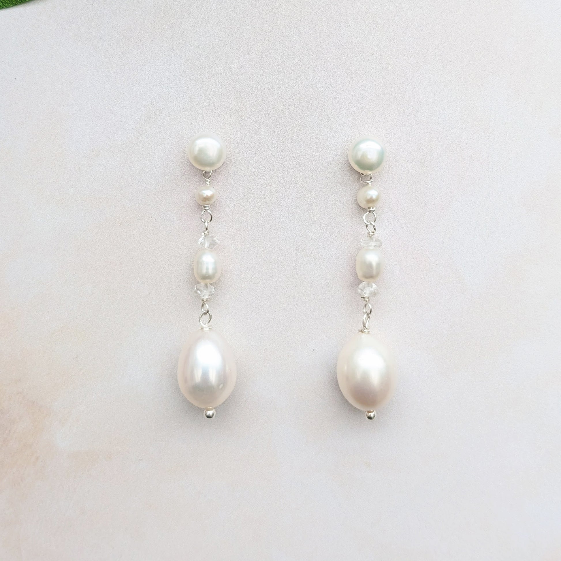 Pearl & white topaz stud earrings for weddings designed & handmade by Susie Warner.