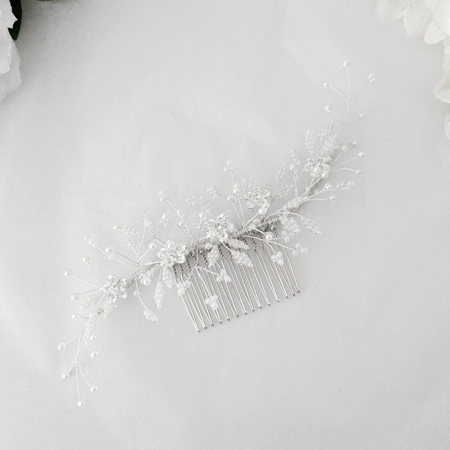 Juliet Crystal Flower & Beaded Pearl Leaf Bridal Headpiece