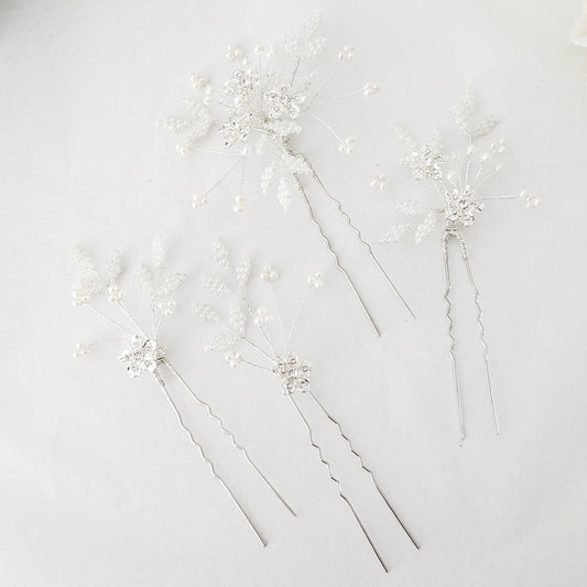 Juliet Crystal Flower & Beaded Pearl Leaf Hair Pins