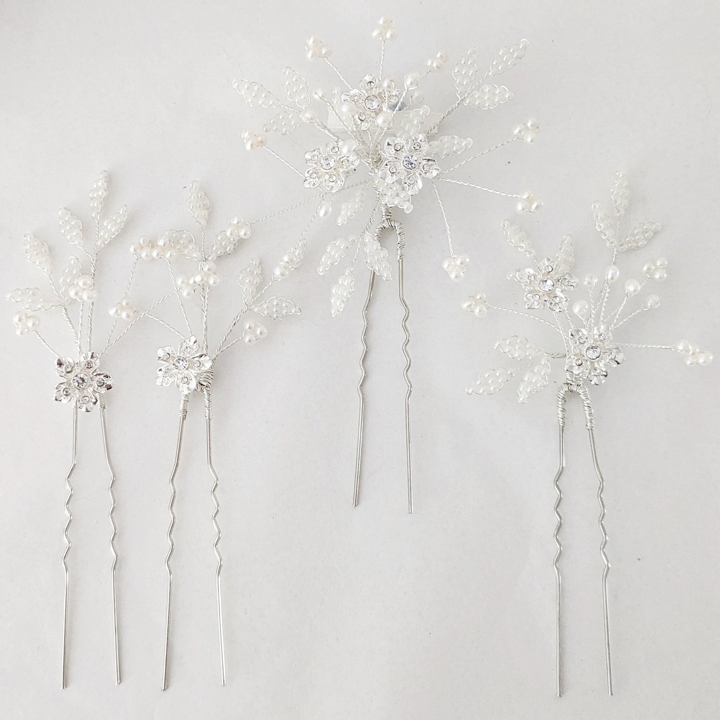 Juliet Crystal Flower & Beaded Pearl Leaf Hair Pins