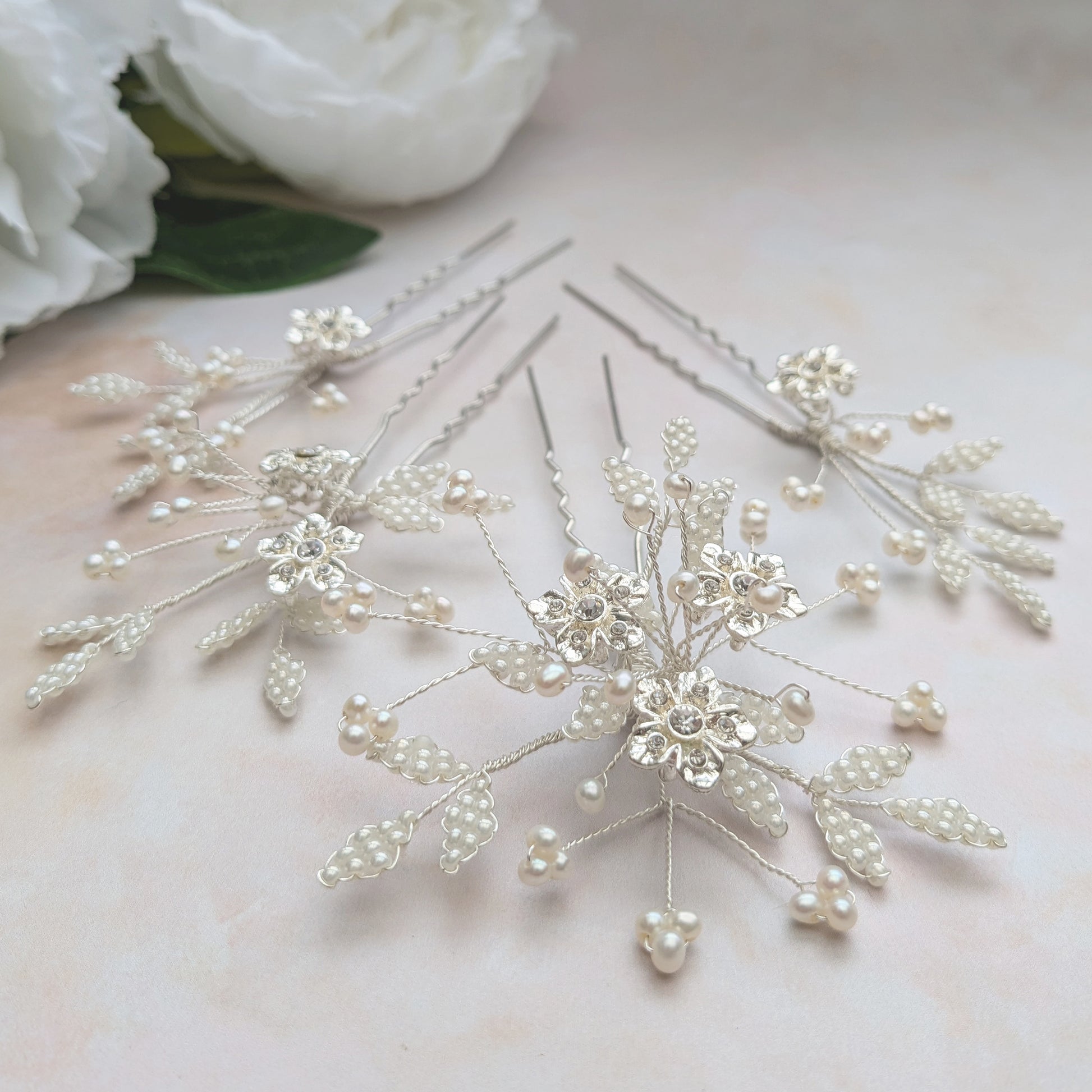 Set of 4 modern floral hair pins designed & handmade by Susie Warner.
