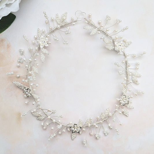 Modern floral wedding hairpiece with pearl leaves designed & handmade by Susie Warner.