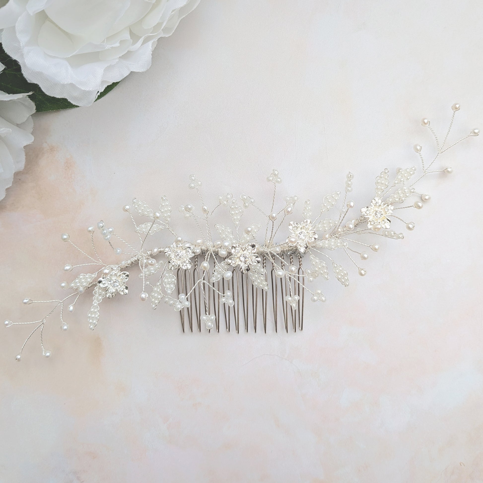 Pearl & crystal floral wedding headpiece for brides designed & handmade by Susie Warner.