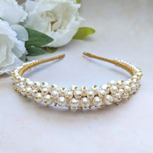 Statement modern freshwater pearl bridal headband designed & handmade by Susie Warner.