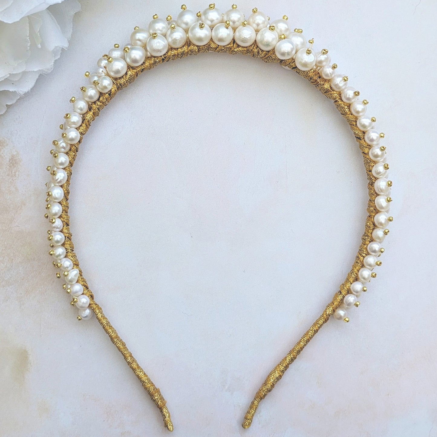 Statement modern pearl wedding headband for brides designed & handmade by Susie Warner.